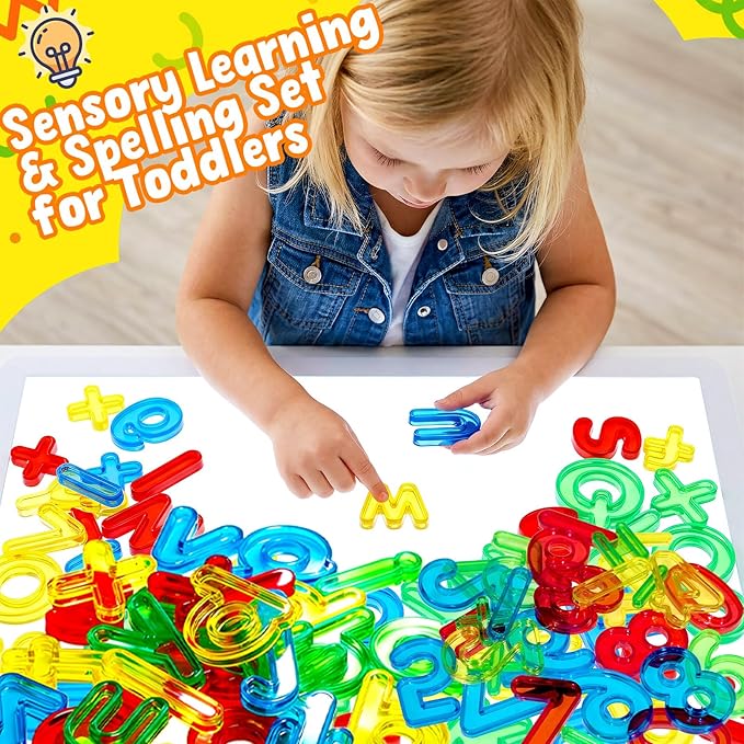 Bbiamsleep 134 Pcs Multi-Color Plastic Letters and Numbers Transparent Letters and Numbers Plastic Alphabet Letters Light Table Manipulatives for Counting and Spelling, Ages 3+
