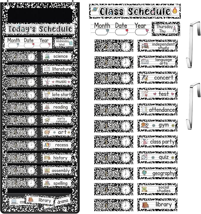 Gueevin Composition Book Daily Schedule Pocket Chart & Card Set Include 1 Hanging Chart with 24 Pockets 2 Metal Hooks 60 Schedule & Activity Cards Reusable Calendar for Kindergarten Daycare Decor