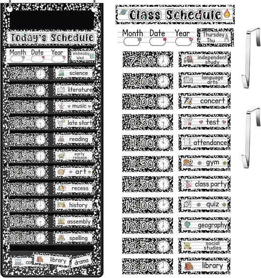 Gueevin Composition Book Daily Schedule Pocket Chart & Card Set Include 1 Hanging Chart with 24 Pockets 2 Metal Hooks 60 Schedule & Activity Cards Reusable Calendar for Kindergarten Daycare Decor