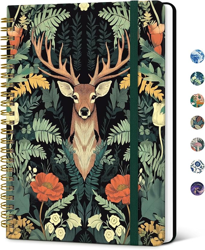 Taja Lined Spiral Journal Notebook for Women, A5 Cute College Ruled Hardcover Notebook for Work & Note Taking, Pretty Journal for Writing, 140 Pages, Forest Stag