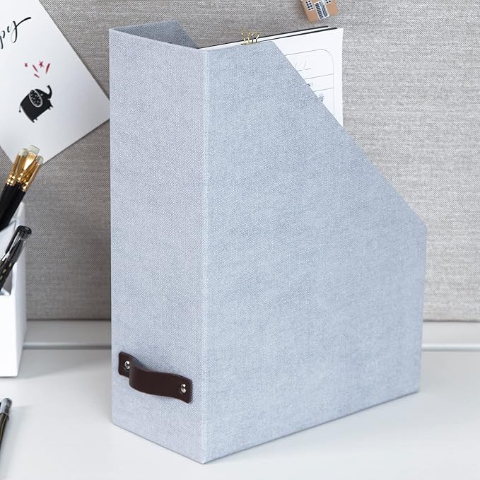 Bigso Box of Sweden Estelle Canvas Fiberboard Upright Magazine Storage Box | Magazine Holder & Organizer for Papers & Catalogs w/Leather Handle for Office Desks | 12.6in x 4.5in x 9.8in | Ash