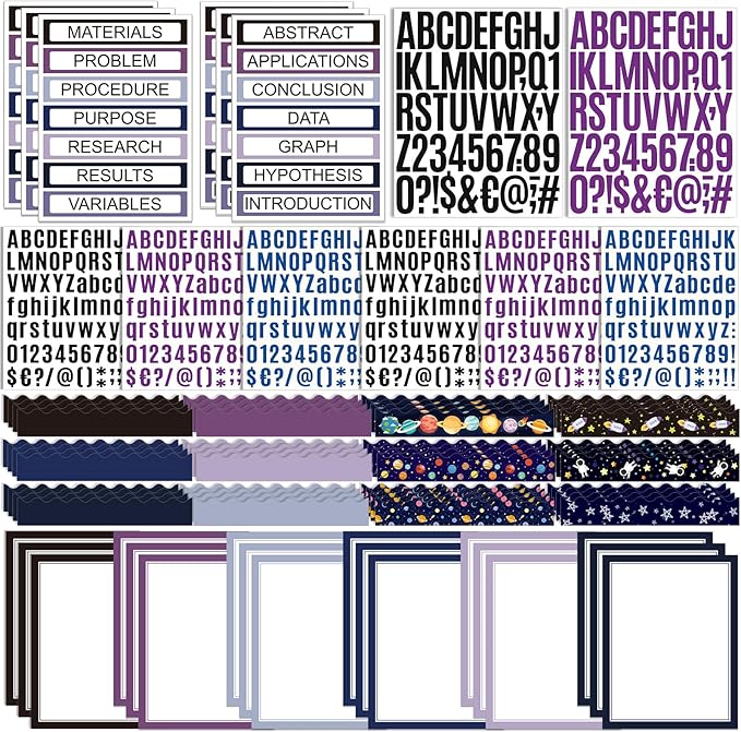 Sinload 92 Pcs Science Fair Board Supplies 60 Trim Scalloped Poster Boards 18 Presentation Subtitles 6 Project Titles 8 Letter Sticker for Classroom Display Boards (Purple,Space)