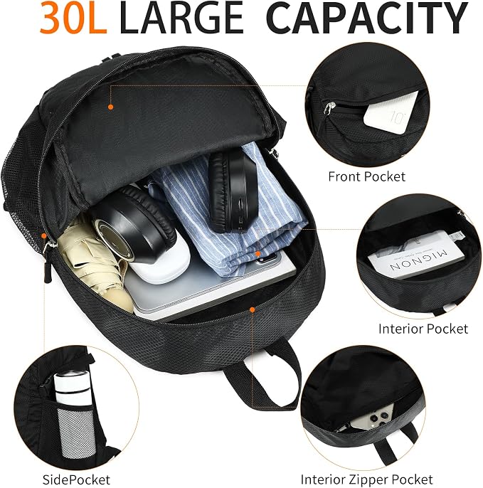 Small Hiking Backpack 35L Travel Lightweight Hiking Packable Daypack Water-Resistant Foldable Backpacks for Women Men Camping (Black)