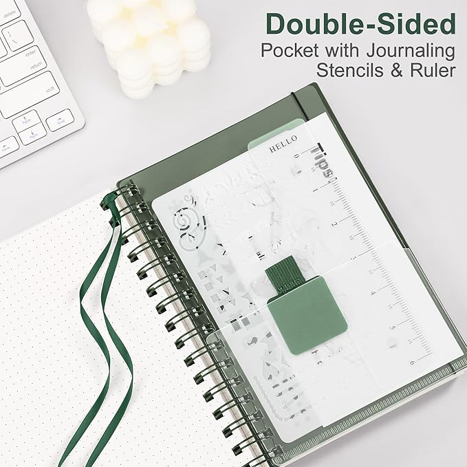 RETTACY Dotted Journal Notebook, 300 Pages, A5 Medium Size (5.7'' × 8.2''), 100 GSM Thick Paper, Flexible Plastic Cover, Spiral-bound, for Journaling, Planning, Tracking (Deep Green)