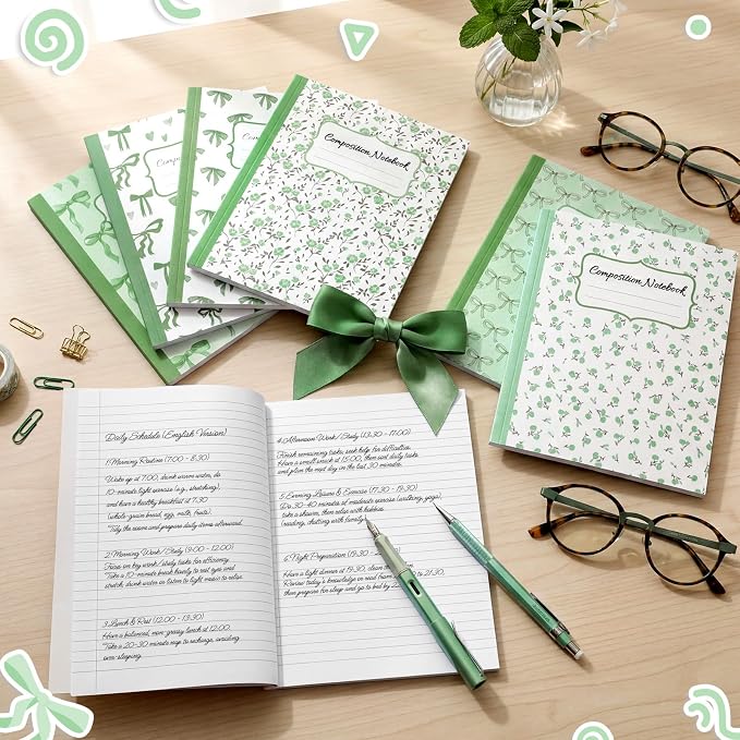 Fullhawl 6 Pack Composition Notebook College Ruled Bulk Green Bow Composition Notebook Preppy Aesthetic for Back to School Supplies 110 Pages 9-3/4 x 7-1/2" Cute Journal for First Day of School Office