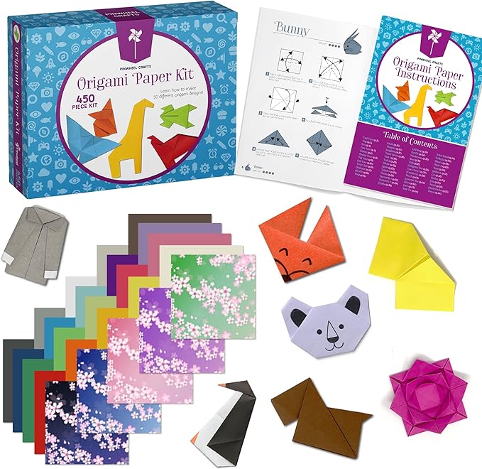 Pinwheel Crafts Origami Kit for Kids Ages 5-8,8-12 | 450 Sheets Origami Paper Kit w/ 50 Projects, 400 Solid Color Paper for Crafts, 50 Japanese Patterns & Guide Book | Christmas Gift for Boys & Girls