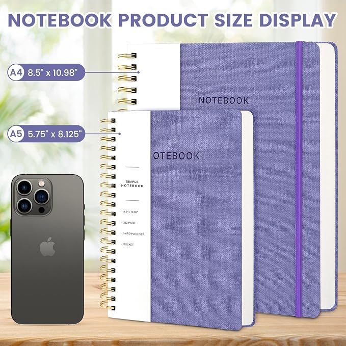 Spiral Notebook - 8.5 x 10.98 Inch Large Hard Cover Notebook with Elastic Band & Pocket, 180 Pages, Lay Flat Wirebound Journal for Work, School, Planning & Note Taking Violet