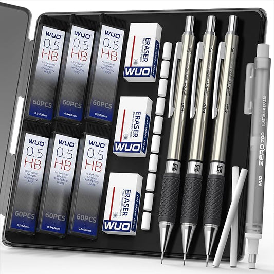 WUO 0.5 mm Mechanical Pencil Set with Eraser Pen Storage Case, 3 PCS | Metal Drafting Pencils, 360 HB Lead Refills, 3x4B Erasers, 12 Eraser Refills for School Artist Writing Drawing Sketching