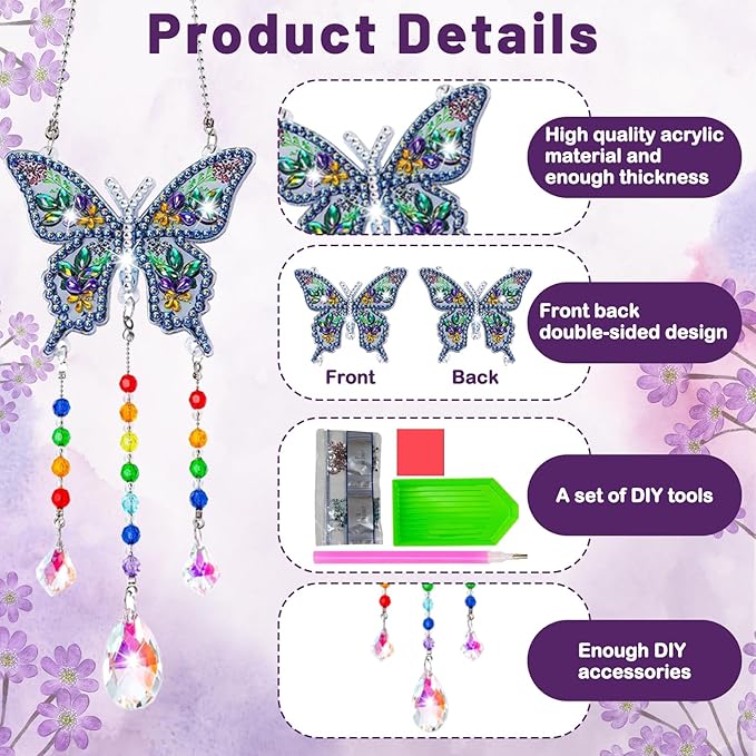 Arts and Crafts for Kids Ages 6-12, Birthday Gifts for 6 7 8 9 10 11 12 Year Old Girls, DIY Diamond Painting Kits for Kids Teens Adults, Butterfly Sun Hummingbird Wind Chimes for Home Garden Decor