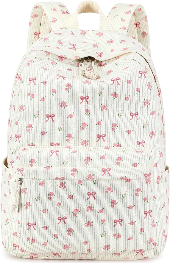 BTOOP School Backpack for Girls Teens Large Corduroy Bookbag Lightweight 15.6 inch Laptop Bag for Women Casual High School College (Pink Bow Floral)