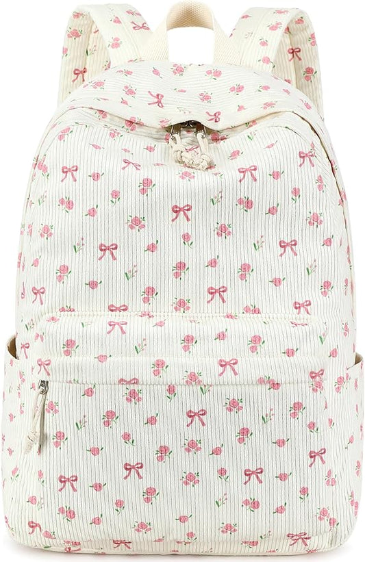 BTOOP School Backpack for Girls Teens Large Corduroy Bookbag Lightweight 15.6 inch Laptop Bag for Women Casual High School College (Pink Bow Floral)
