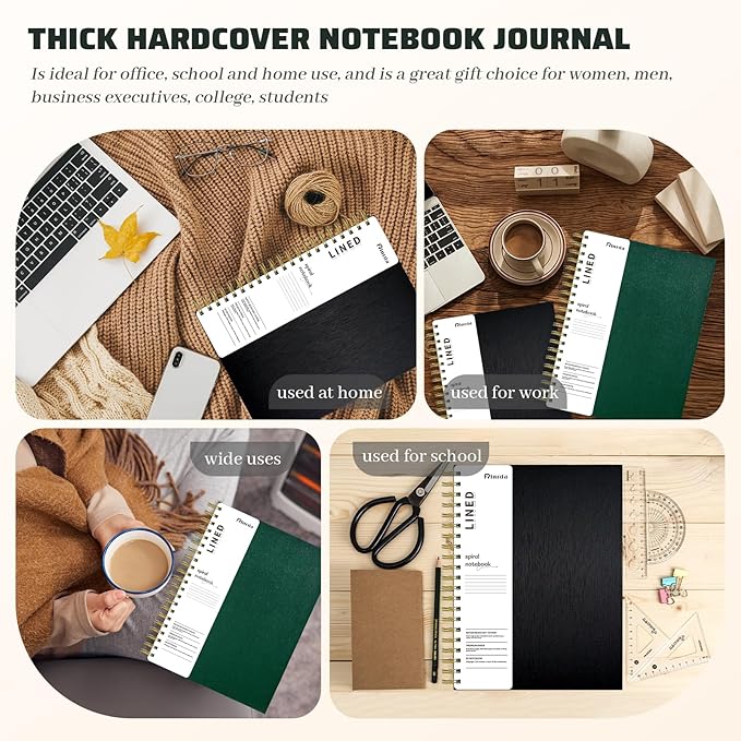 Hardcover Spiral Notebook with removable dividers 300 page,5 Subject Notebook 8"x10" B5 College Ruled Notebooks for School Note taking，Lined Journal for Women (Green)
