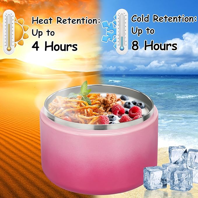 Pawtong 12oz Insulated Vacuum Food Jar with Buckle Lid Wide Mouth Soup Thermo for Hot Food Kids Leakproof Stainless Steel Lunch Container (Gradient Pink, 12OZ)