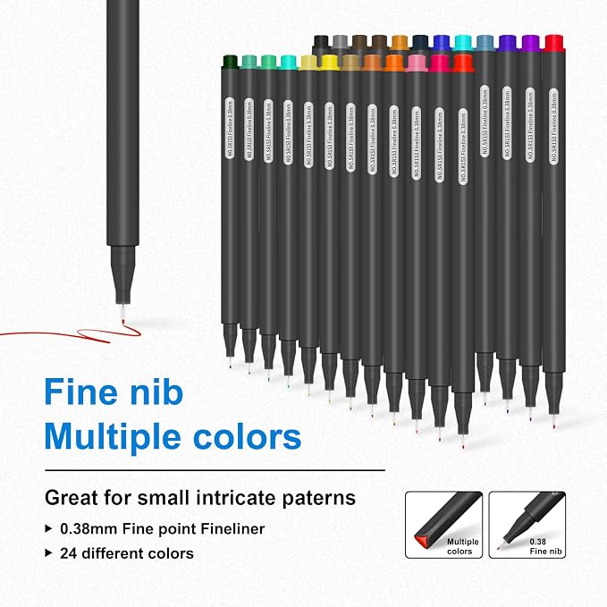 Sipa 24 Colored Fineliner Pens for Journaling, 0.38mm Fine Point Tip