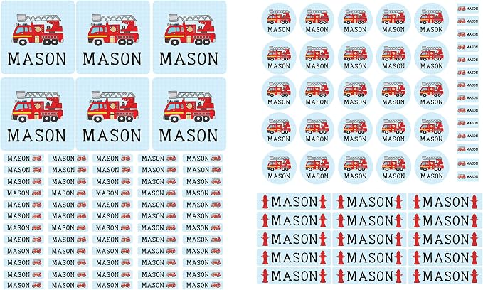 Andaz Press Custom Personalized Waterproof School Name Labels, Fire Truck, 120-Pack, Kids Labels Combo Pack, Customizable Multi-Use Name Stickers for Preschool, Daycare, Supplies, Office, Camping
