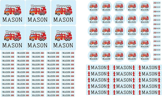 Andaz Press Custom Personalized Waterproof School Name Labels, Fire Truck, 120-Pack, Kids Labels Combo Pack, Customizable Multi-Use Name Stickers for Preschool, Daycare, Supplies, Office, Camping