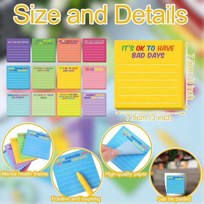 Yinder 24 Pcs Inspirational Sticky Notes Cute Motivational Sticky Notes Pad End of Year Employee Appreciation Gifts Bulk for Teacher Nurse Coworkers Office Supplies 3 x 3'' (Mental Health,Dark Color)