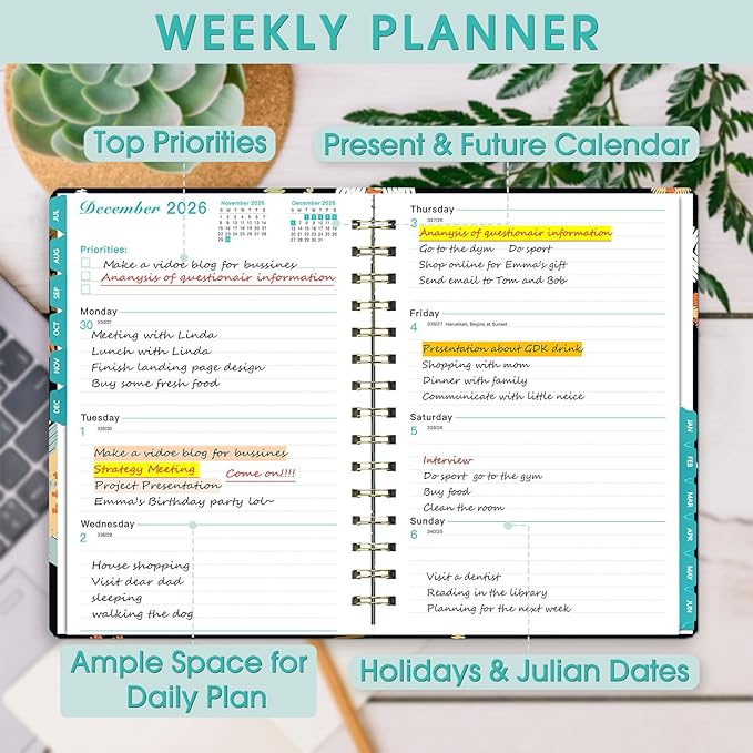 Planner 2026-2027, Academic Year Planner - Daily, Weekly & Monthly Calendar, Jul 2026 - Jun 2027, 6.3" x 8.5", Spiral Notebook with Tabs, Stickers & Inner Pocket, Ideal for School, Office, Home