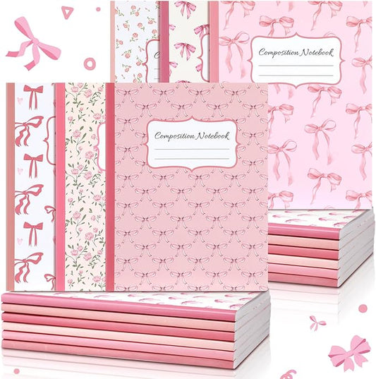 Fullhawl 6 Pack Composition Notebook College Ruled Bulk Pink Bow Composition Notebook Preppy Aesthetic for Back to School Supplies 110 Pages 9-3/4 x 7-1/2" Cute Journal for First Day of School Office