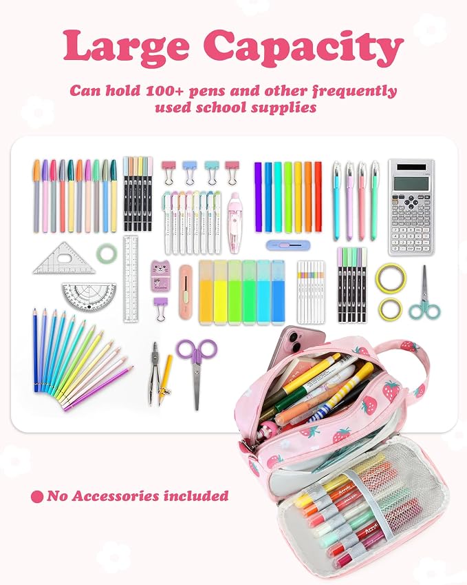 CAMTOP Cute Pencil Case for Girls, Large Capacity Pencil Pouch with 3 Compartments Pen Organizer Pink Kawaii Pencil Box Bag for School Travel Gifts
