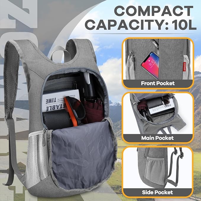 ZOMAKE 10L Ultra Lightweight Packable Backpack, Small Daypack Light Foldable Backpacks Water Resistant Day Bag for Hiking(Grey) | Water Resistant Collapsible Backpacks for Women Men, Everyday Carry, Multi Compartment Storage, Adjustable Strap(Grey A1)