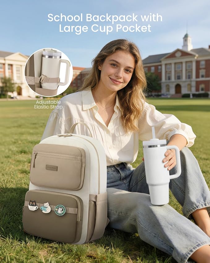 LOVEVOOK School Backpack for Teen Girls & Women,Laptop Backpack with Water Bottle Holder,Lightweight Work College Bookbag,Student Backpack for Middle High School,Beige-Khaki