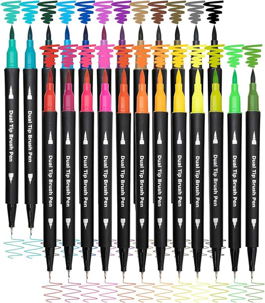 Piochoo Dual Brush Marker Pens,24 Colored Markers,Fine Point and Brush Tip for Adult Coloring Books Bullet Journals Planners,Note Taking Coloring Writing