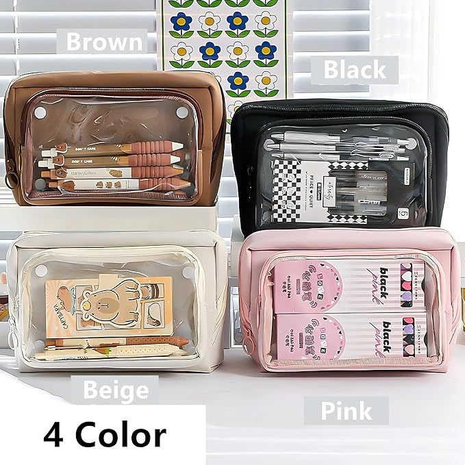 Large Pencil Pouch Big Pencil Case Big Capacity Aesthetic Pen Cosmetic Bag Pen Stationery Organizer Simple, College Office Home Travel Storage Bag (Brown)