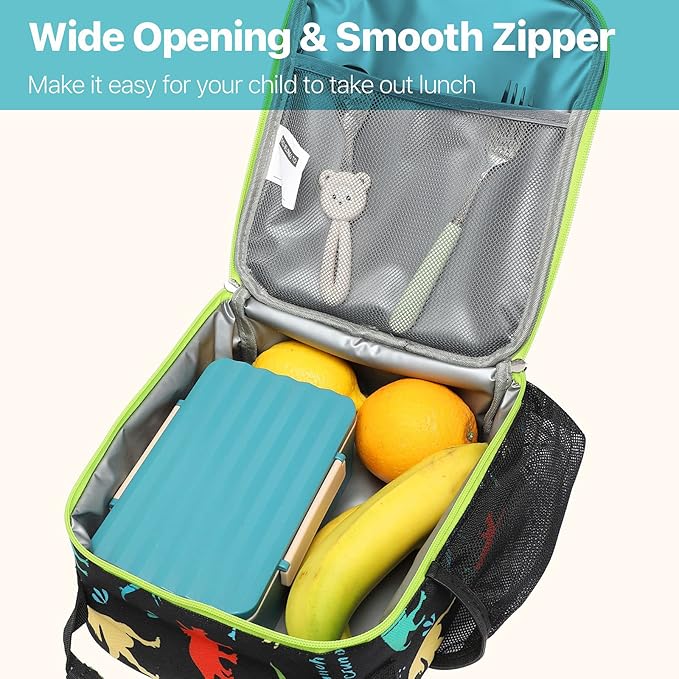 Bagseri Kids Lunch Box for Boys - Insulated Toddler Lunch Bag Fits Bento Box, Reusable Daycare Cooler Tote with Clip Handle, Water-Resistant Lining, Black Dinosaur