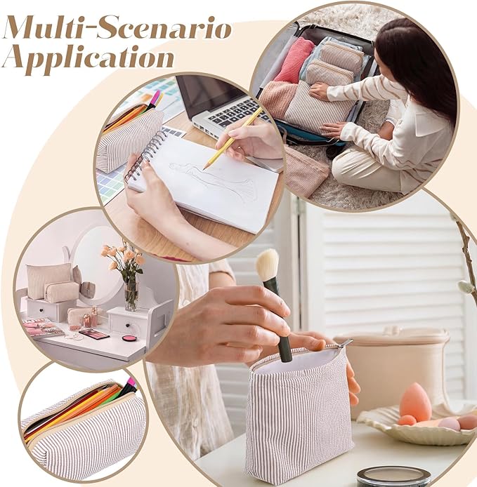 Huhumy 3 Pcs Makeup Bag Set Cute Stripe Cosmetic Pouch for Women Aesthetic Seersucker Travel Toiletry Bag Set Preppy Small Makeup Purse Pouch Cosmetic Organizer Pencil Case with Zipper(Khaki)