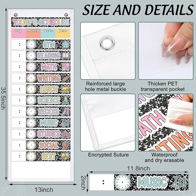 JarThenaAMCS Composition Notebook Daily Schedule Pocket Chart 13 x 35.5 In Back to School 13 + 1 Pocket Visual Schedule Chart Board with 24 Card for Classroom Home Office Supplies