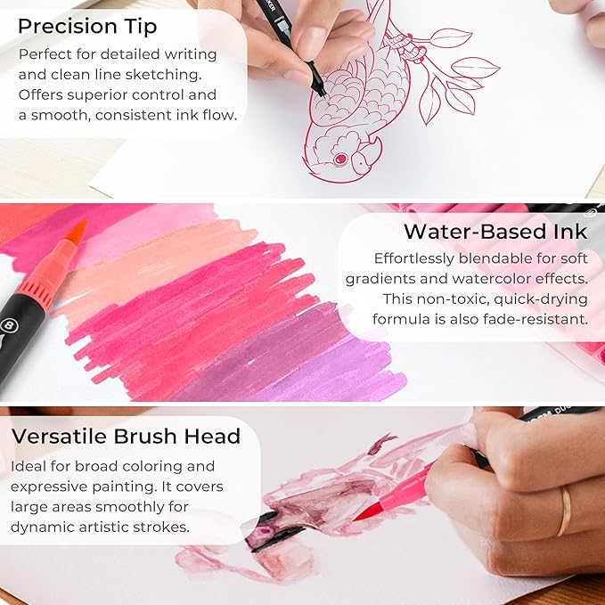 ZSCM Pink Duo Tip Marker Pens, 12 Pack Fine & Brush Markers for Adult Coloring Books No Bleeding, Blushing Pink Markers for Romantic Illustrations, Floral Designs, Cute Doodling and Lettering