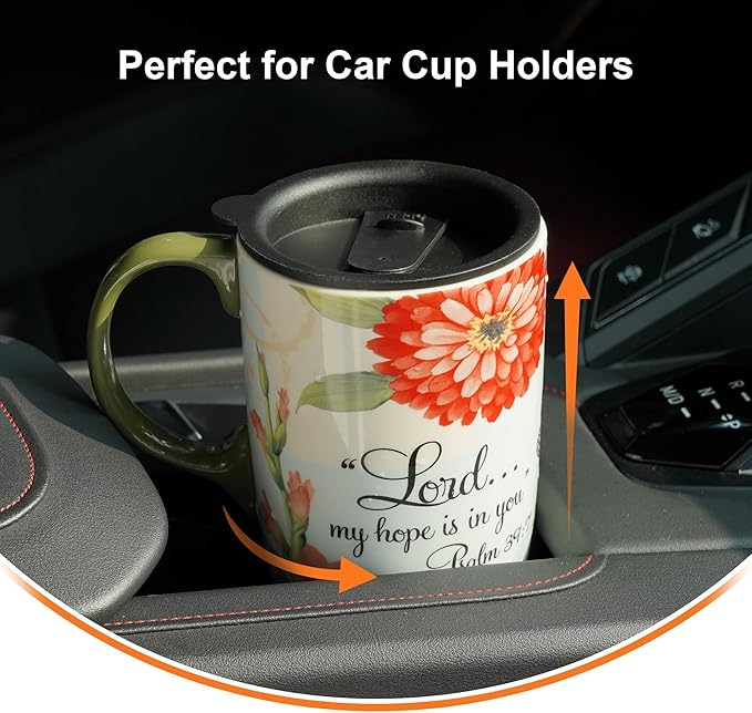 Topadorn 2-Pack 17oz Ceramic Travel Coffee Mugs with Lids, Floral Psalm Design, Microwave & Dishwasher Safe, Gift Set for Women and Men