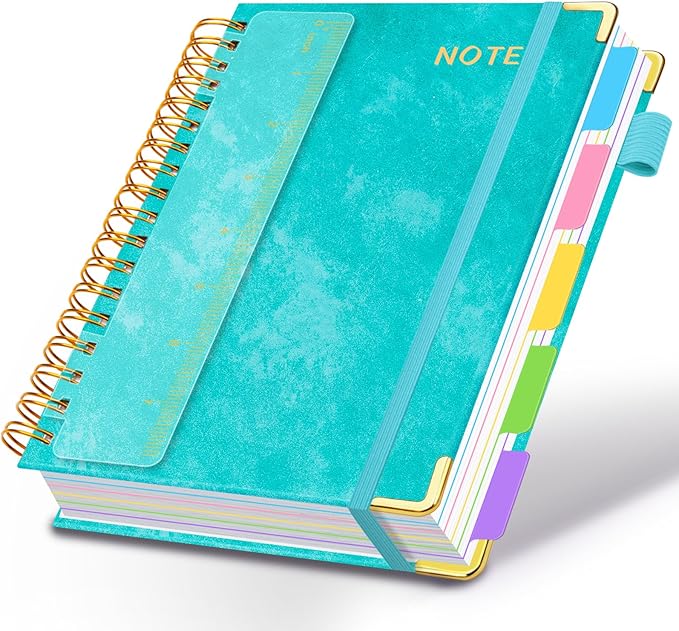 Hardcover Spiral Notebooks for Work 6.2"x 8.2", 300 Pages 5 Subject Notebook with Dividers & Tabs, A5 Spiral Journal for Women, College Ruled Notebook for School Note-Taking (Cyan)
