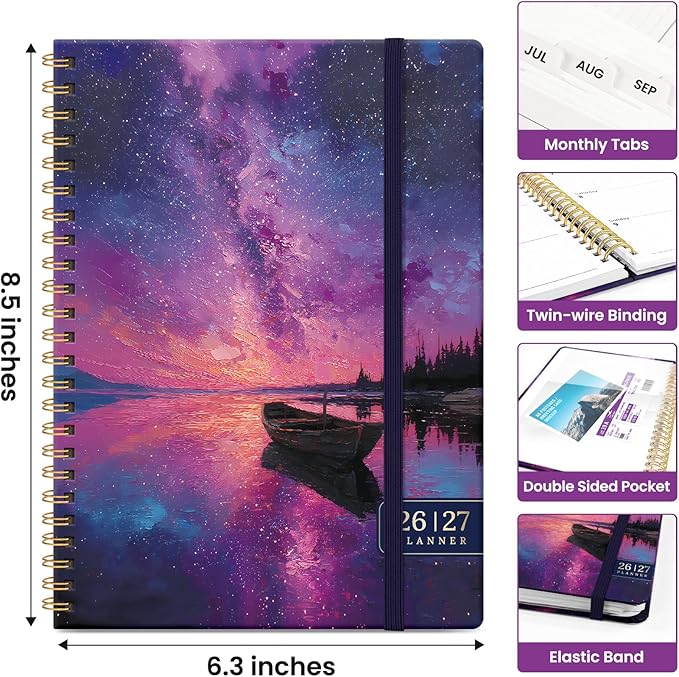 Planner 2026–2027, Academic Monthly Weekly Spiral Calendar, July 2026 – June 2027, Hardcover Agenda Notebook with Tabs, 6.3" x 8.5", Perfect for Students, Teachers, School & Daily Planning - Violet Lagoon