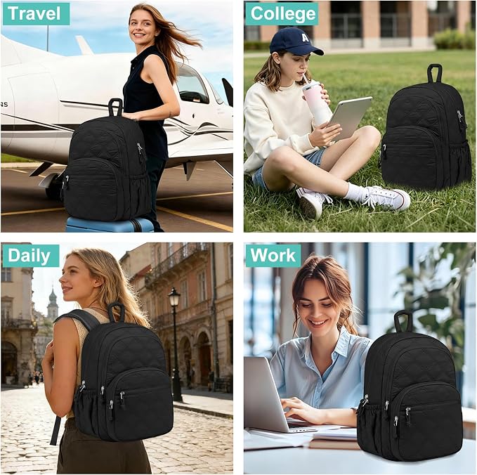 Travel Backpack for Women Bag: Quilted 15.6 Inch Laptop Backpacks College School Bookbag Lightweight Casual Daypack Water Resistant Computer Backpacks for Girls Students Teacher Work Black