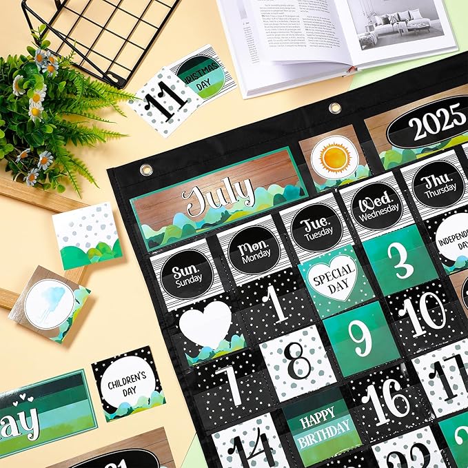 119 Pcs Classroom Calendar Pocket Chart Black Monthly Bulletin Board Set Seasons Festival Weather Farmhouse Calendar Set for Classroom Decoration Back to School Supplies(Scandi Mountains)