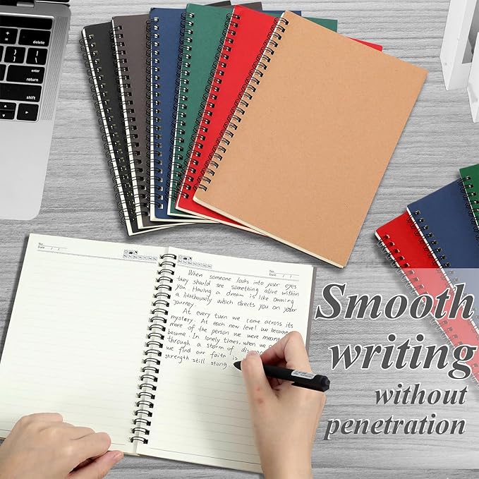 Leelosp 12 Pcs Small Spiral Notebook Lined Spiral Journal College Ruled Notebook Wire Bound Kraft Cover, 120 Pages for Work (Red,Green,Black,Blue,Brown,Gray,5.5 x 8.3 Inch)