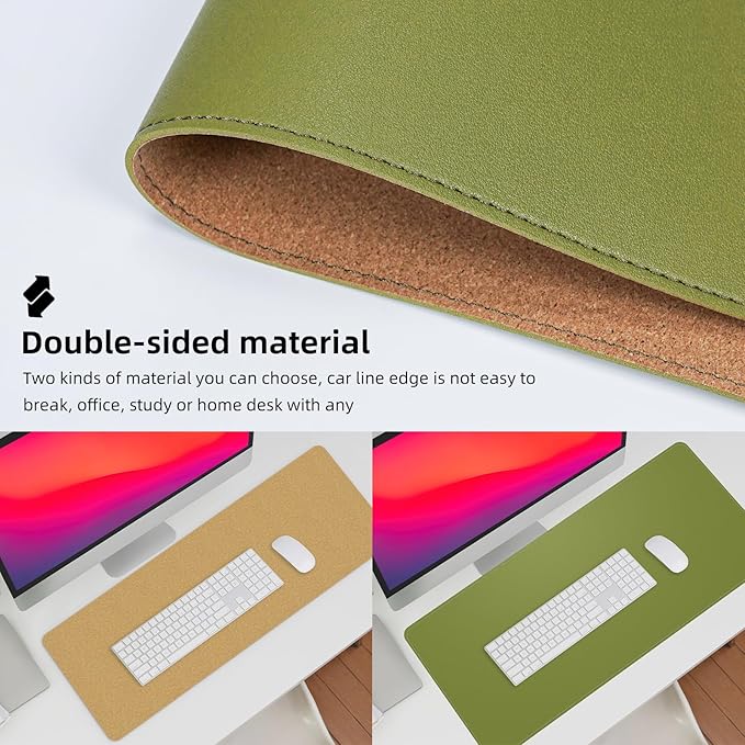 AFIING Cork Desk Mat 35.4" x 17", Dual-Sided Natural Cork & PU Leather Desk Pad, Non-Slip Waterproof Large Mouse Pad for Office, Home & Gaming (Olive Green)