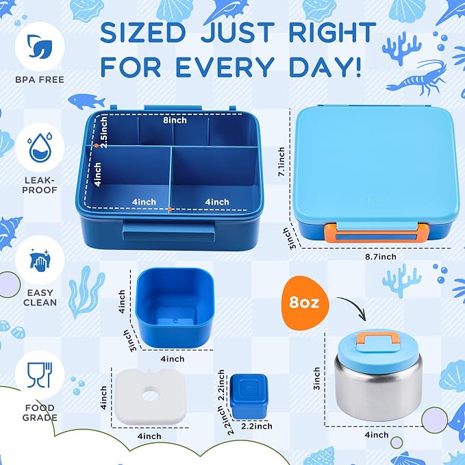 Bento Lunch Box for Kids with 8oz Soup Thermo Leak-Proof Lunch Food Containers with Snack Sauce Container for Kid Girls Boys to School,Blue Bag