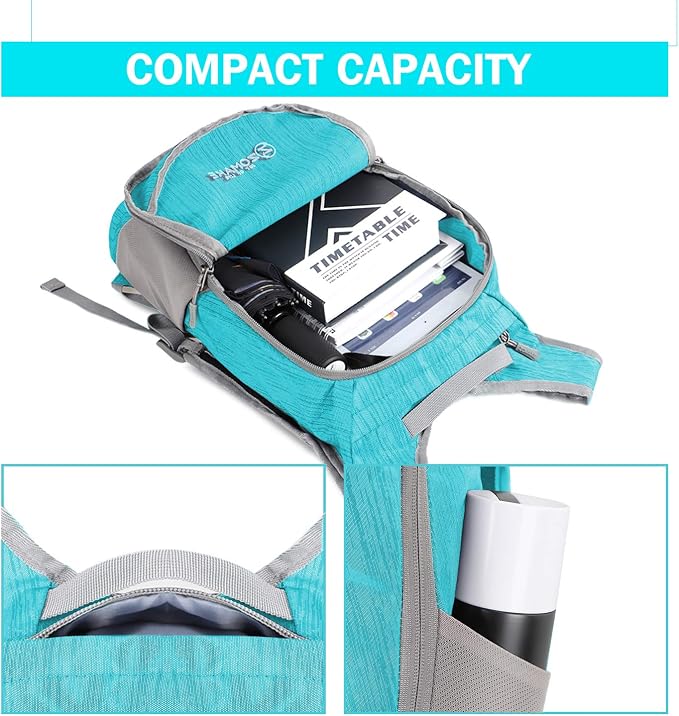 ZOMAKE Lightweight Packable Backpack, 18L Small Foldable Daypack for Hiking | Water Resistant Collapsible Backpacks for Women Men, Everyday Carry, Multi Compartment Storage, Adjustable Strap(Aqua Blue)