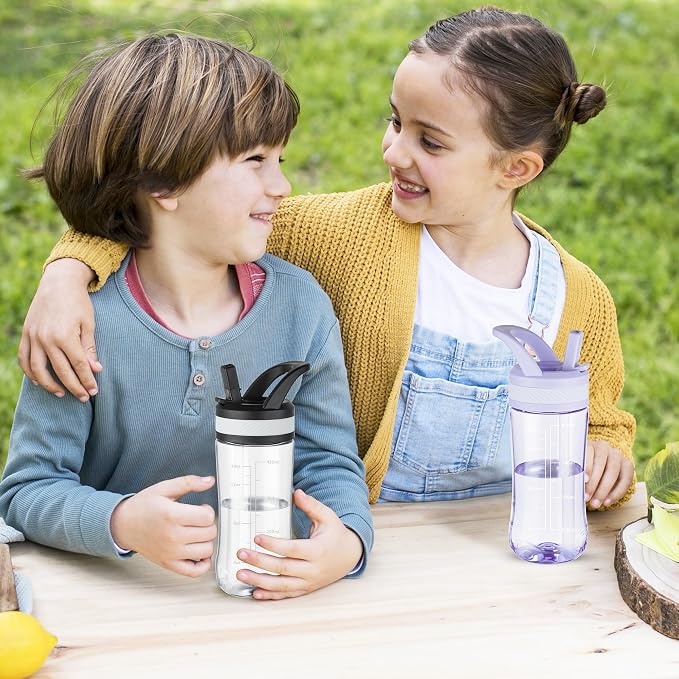14oz Clear Kids Water Bottle with Straw Lid, BPA-Free Tritan, Measurement Scale, Sturdy Handle Wide Mouth Leak-proof Reusable Plastic Bottle for Boy& Girls, Back to School（Clear）