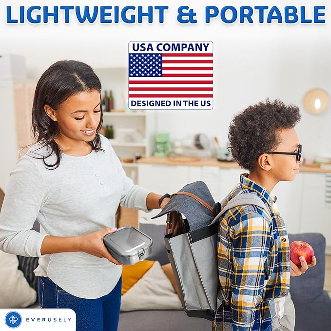 Everusely - Stainless Steel Lunch Box - 27 oz / 0.8 L, 2 Adjustable Dividers - Leakproof Snack and Salad Bento Containers for Adults - Food Storage Boxes with Lids for Work, Picnics, Travel