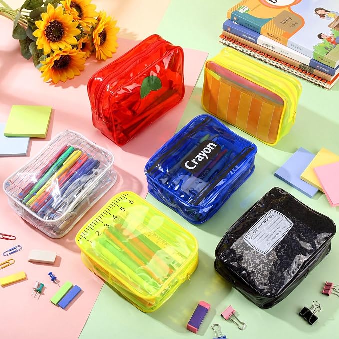 Suclain 12 Pack Back to School Teacher Gift, Teacher Survival Kit Bag, Stationery Zipper Cosmetic Pouches, Transparent PVC Pencil Case Waterproof Toiletry Makeup Bag for School Supplies, Travel