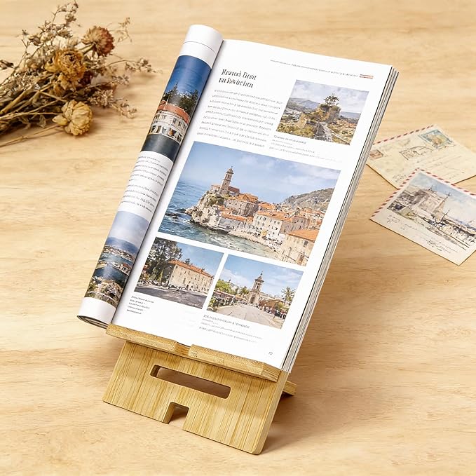 5 Pcs Bamboo Book Stand for Display Natural Easel Book Holder for Home Office School Fits CDs Comics Magazines Postcards Albums Artworks Phones(7.1x4.7x5 Inch)