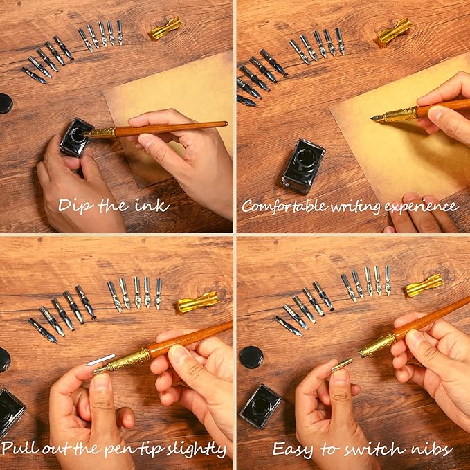 Calligraphy Pen Set，Vintage Fountain Wooden Glass Dip Pen Ink Writing Pen with 8 Colors of Ink 10 Types of Replaceable Nibs 2 Pen Holders Exquisite Present for Beginners