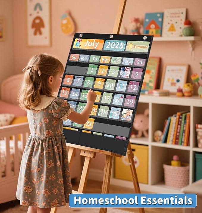 Yoink 48 Pockets Classroom Calendar Pocket Chart for Kids Learning - Monthly Calendar with Durable Fabric, Homeschool and Teacher Supplies, Preschool Kindergarten Wall Decor, Only Chart (Black)