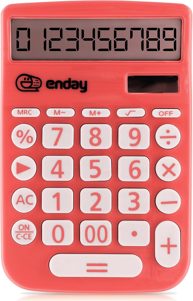 Enday Solar Powered Large Display 12 Digit Red Basic Calculator - Perfect for Office & School