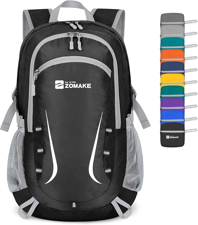 ZOMAKE Lightweight Packable Backpack 35L, Foldable Backpacks Water Resistant Collapsible Light Daypack for Hiking(Black) | Light Hiking Backpacks Collapsible Day Pack for Travel, Everyday Carry, Multi Compartment Storage, Adjustable Strap (Black B)