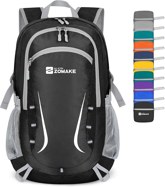 ZOMAKE Lightweight Packable Backpack 35L, Foldable Backpacks Water Resistant Collapsible Light Daypack for Hiking(Black) | Light Hiking Backpacks Collapsible Day Pack for Travel, Everyday Carry, Multi Compartment Storage, Adjustable Strap (Black B)